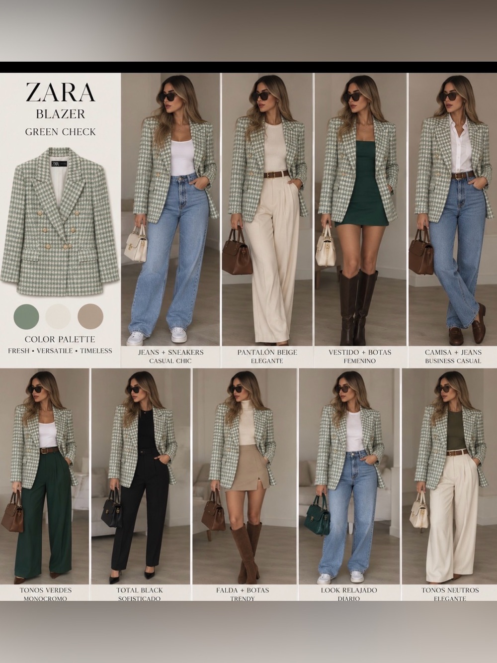 Zara Green Houndstooth Tailored Blazer